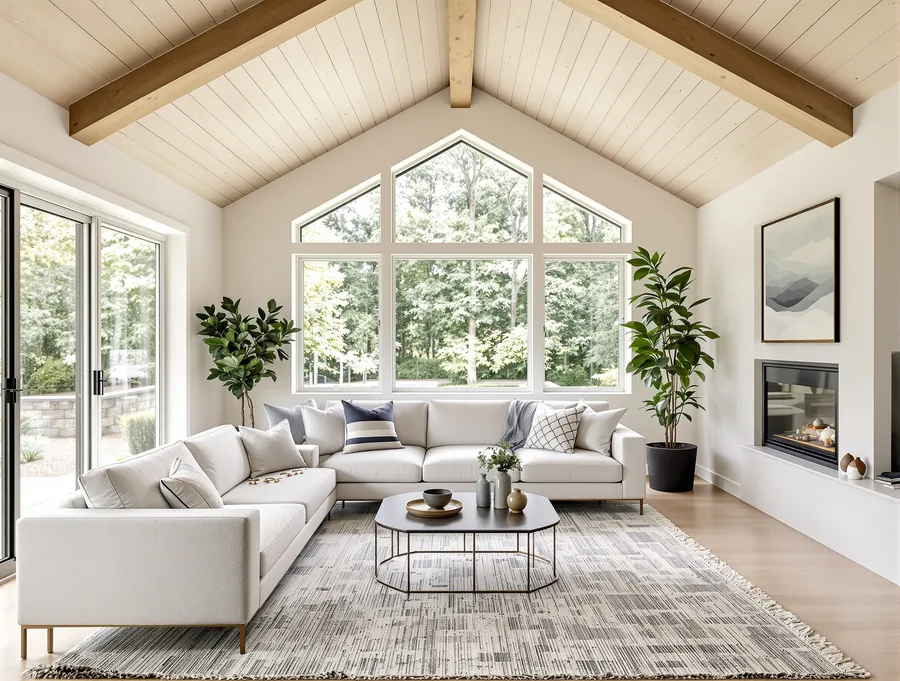 A beautifully designed ADU interior with a vaulted wood-beam ceiling