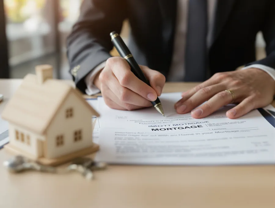 Reviewing ADU financing paperwork with house keys and a model home