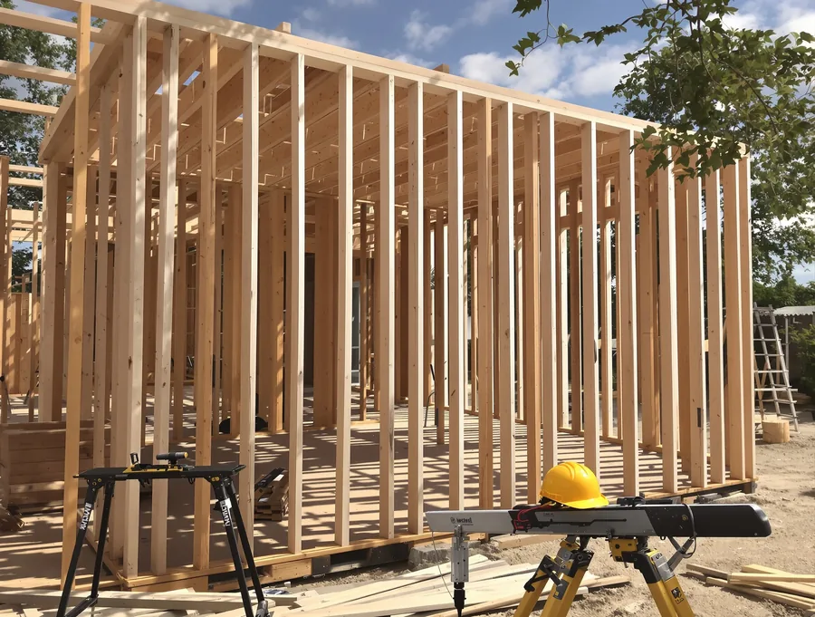 An ADU under construction showing timber framing and a hard hat