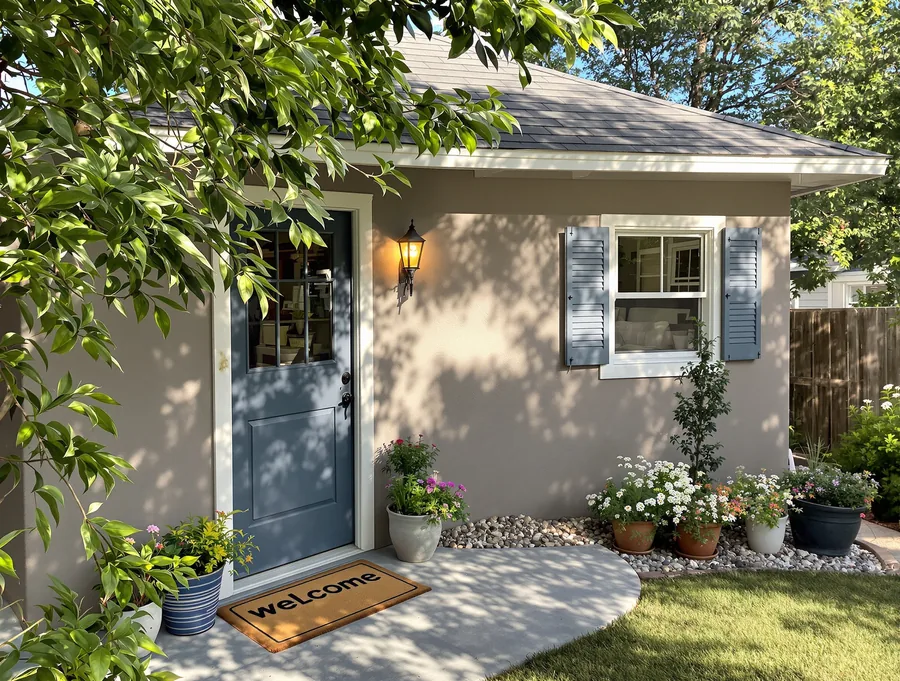 An inviting backyard ADU rental cottage entrance at golden hour