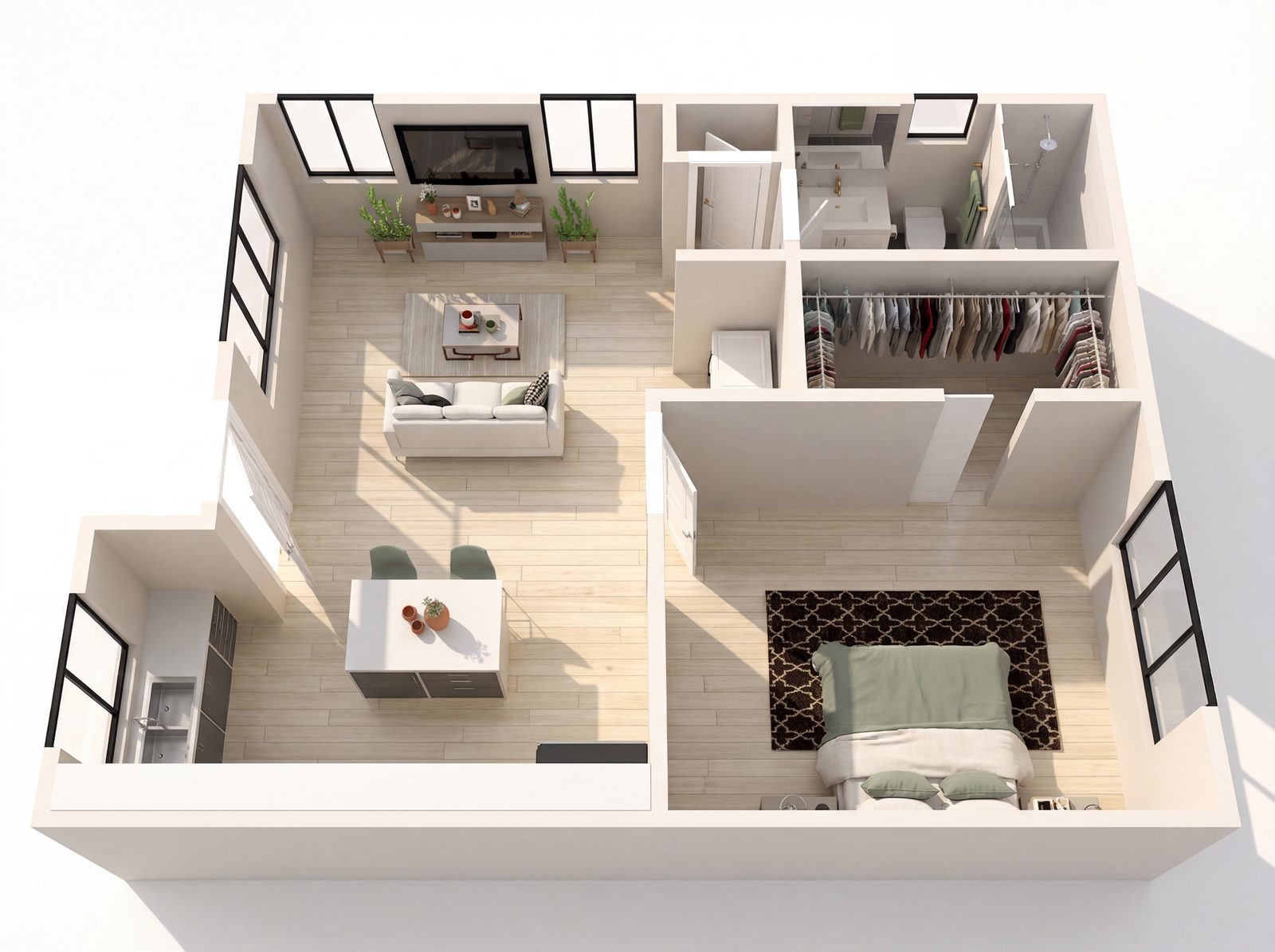 1 Bedroom — 3D axonometric render