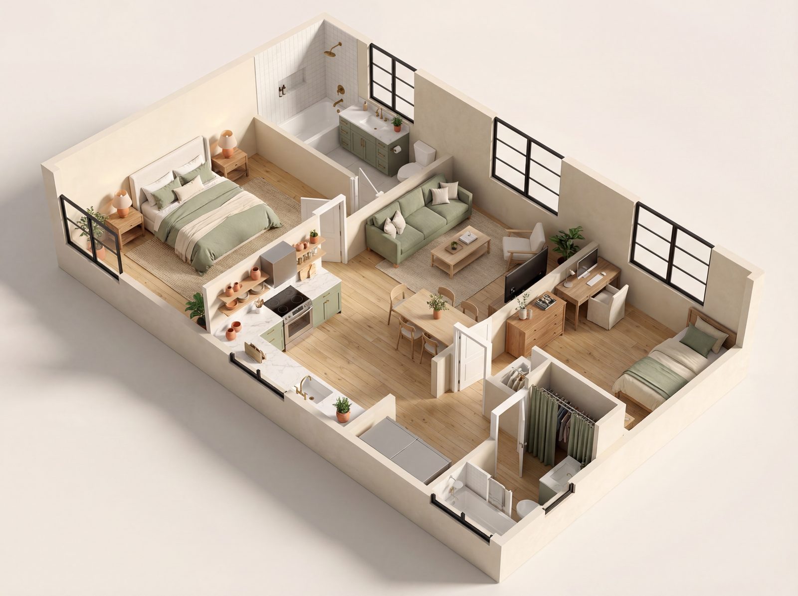 2 Bedroom — 3D axonometric render
