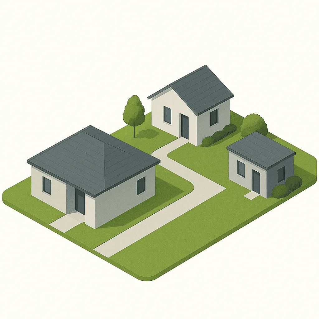 Three-unit SB9 lot layout diagram — main home, detached unit, and ADU